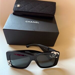 Chanel Black Rectangular Sunglasses with Silver Detailing